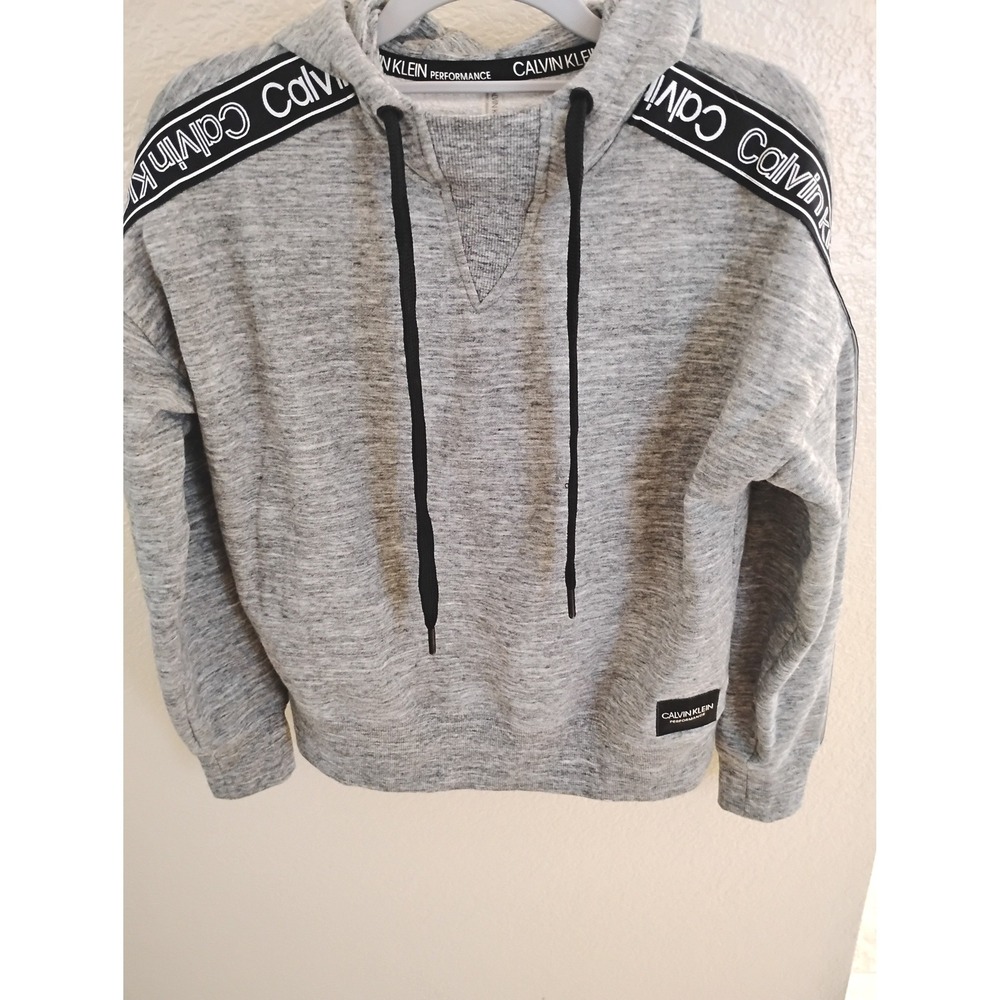 Calvin Klein Athleisure Loungewear Cozy gray Logo Tape Sleeve Hoodie cropped